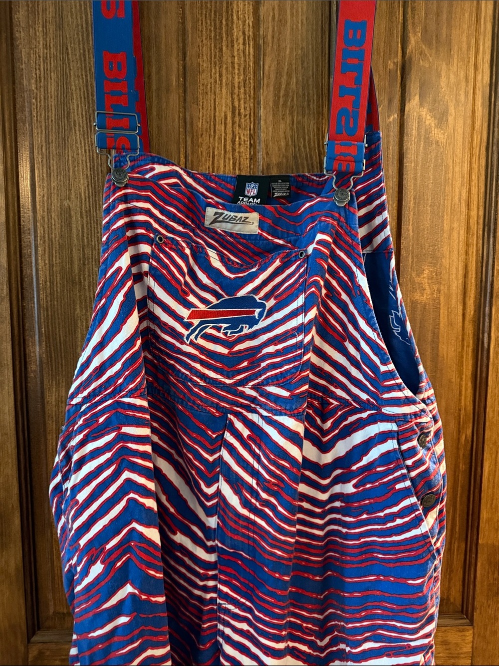Buffalo Bills Red White Blue Overalls with Suspenders size XL. Great condition.